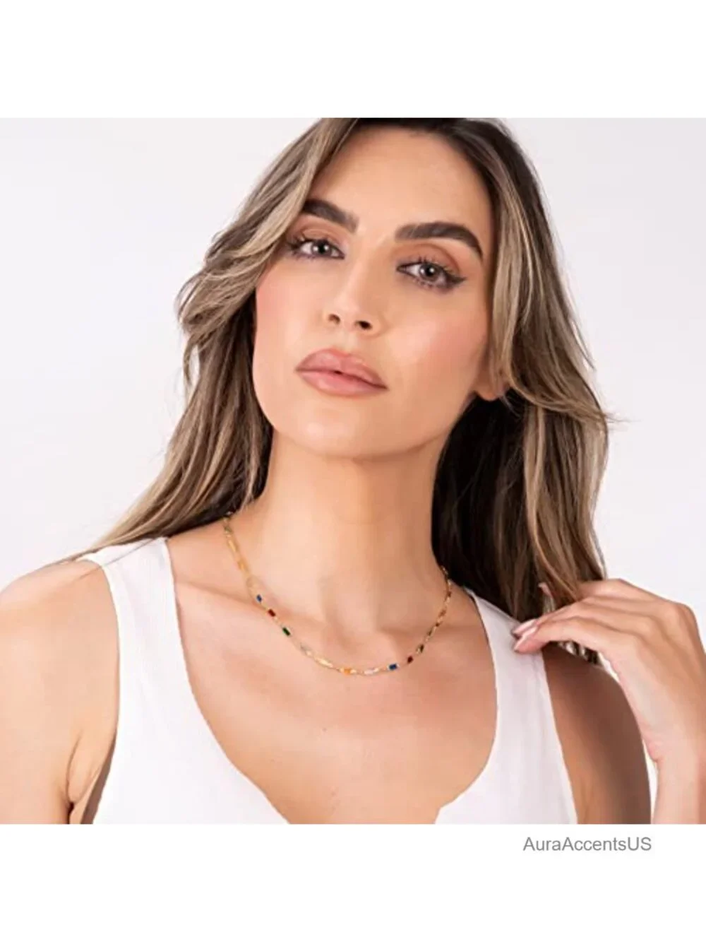 18K Gold Plated Multi Stone Crystal Baguette Necklace Women Pendant
